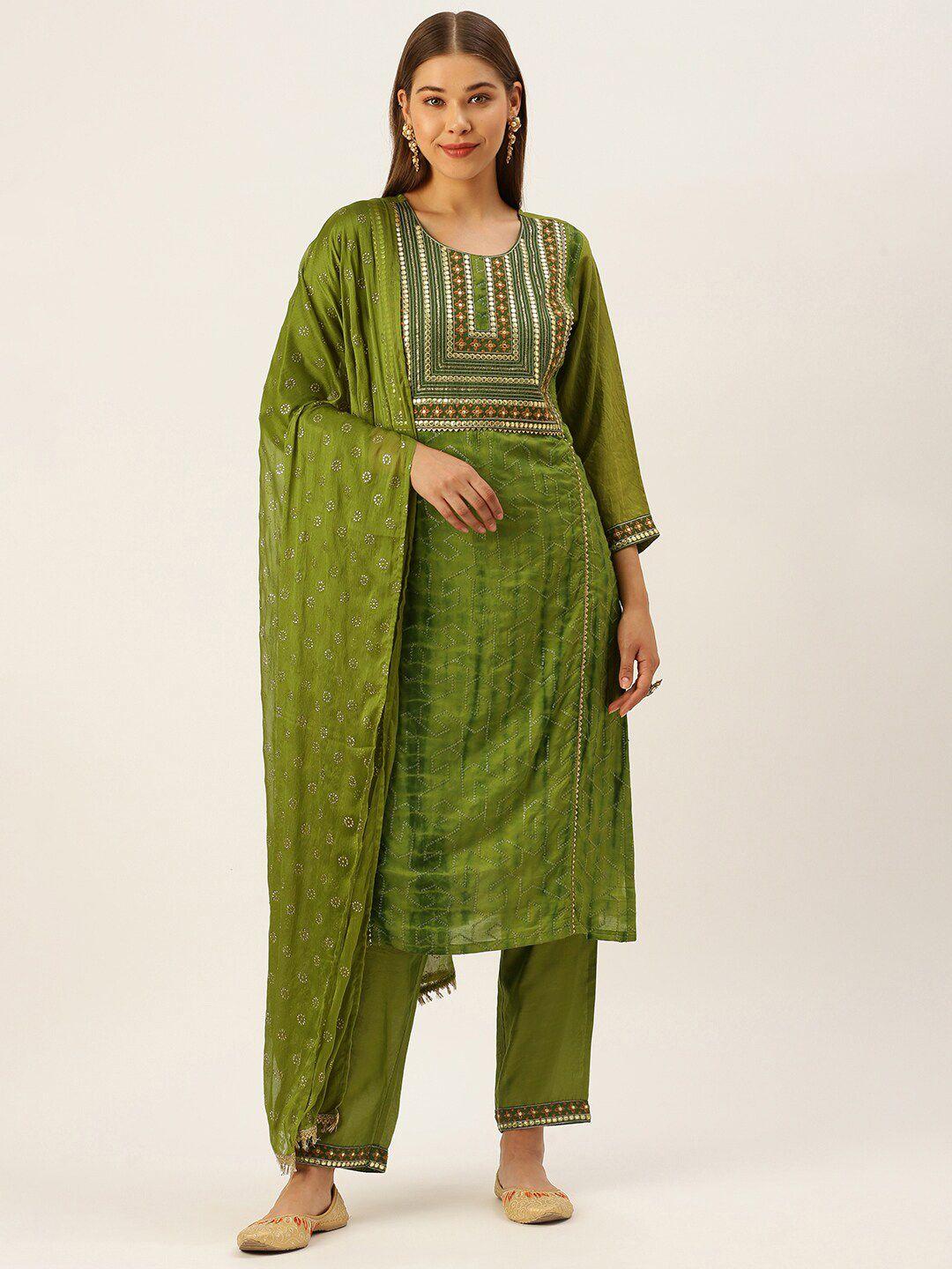 swagg india women green ethnic motifs embroidered regular mirror work liva kurta with trousers & with dupatta