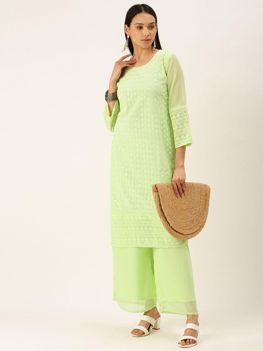 swagg india women green ethnic motifs sequinned chikankari  kurta with palazzos