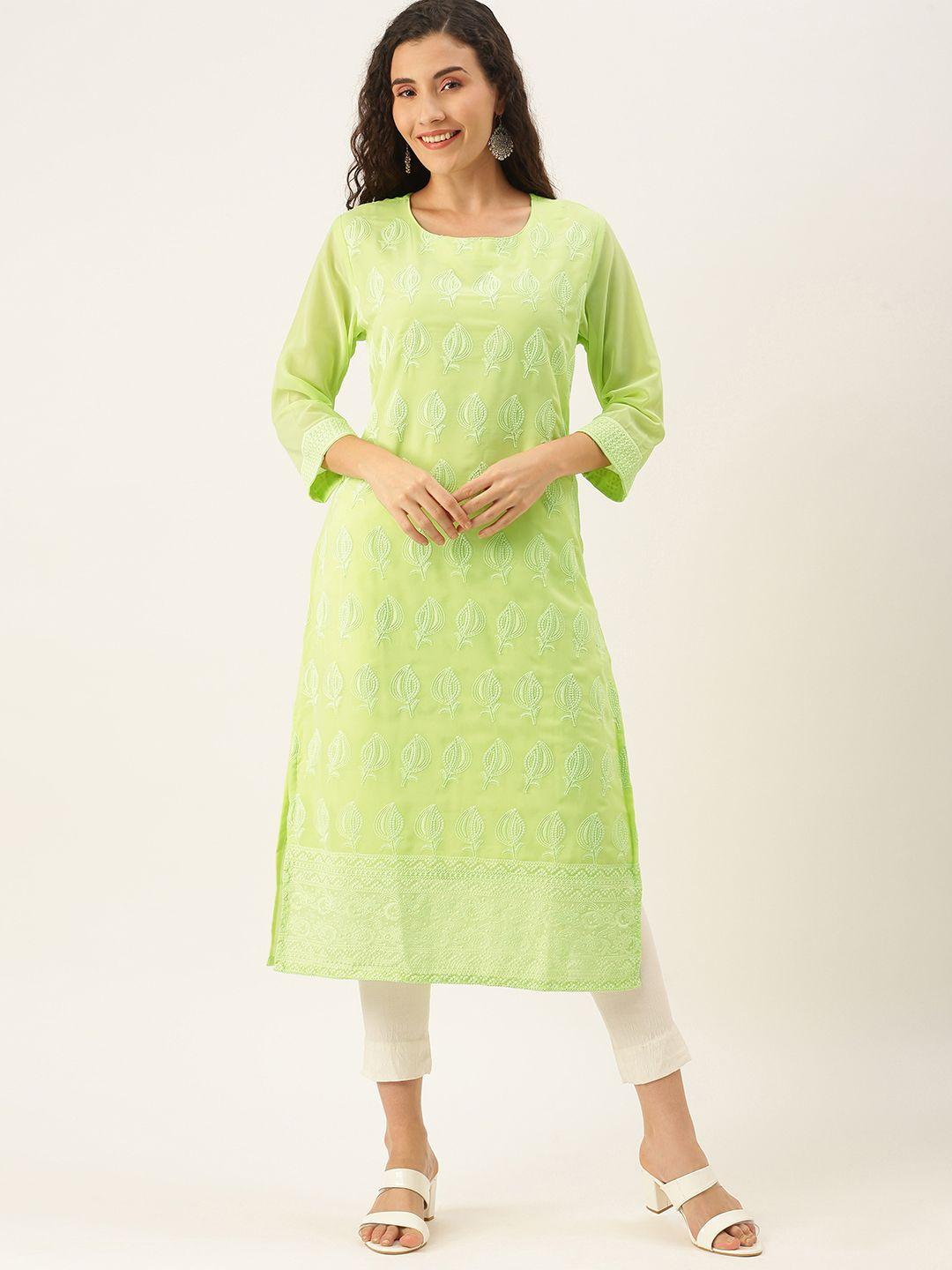 swagg india women green floral embroidered chikankari georgette kurta