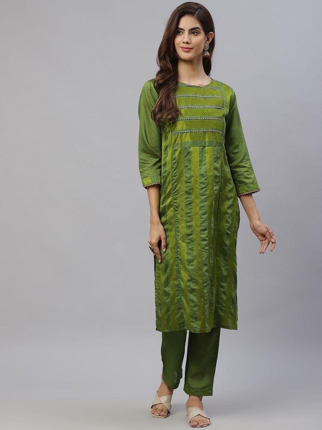 swagg india women green regular gotta patti kurta with trousers