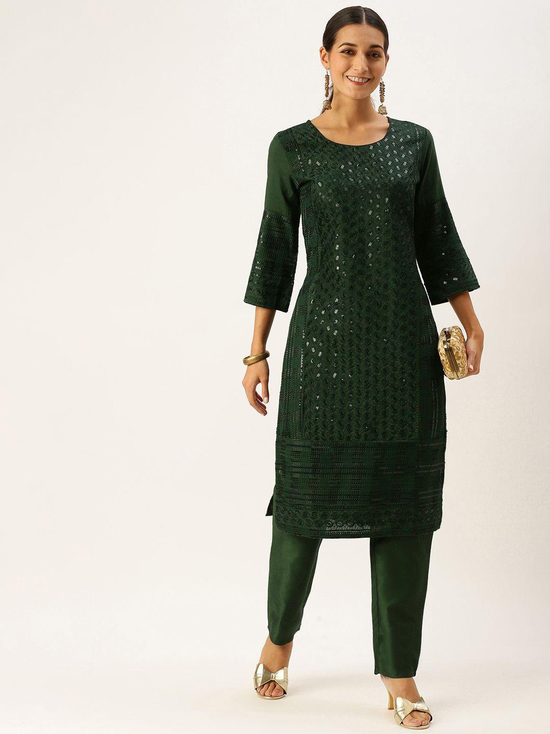 swagg india women green sequinned kurta with trousers