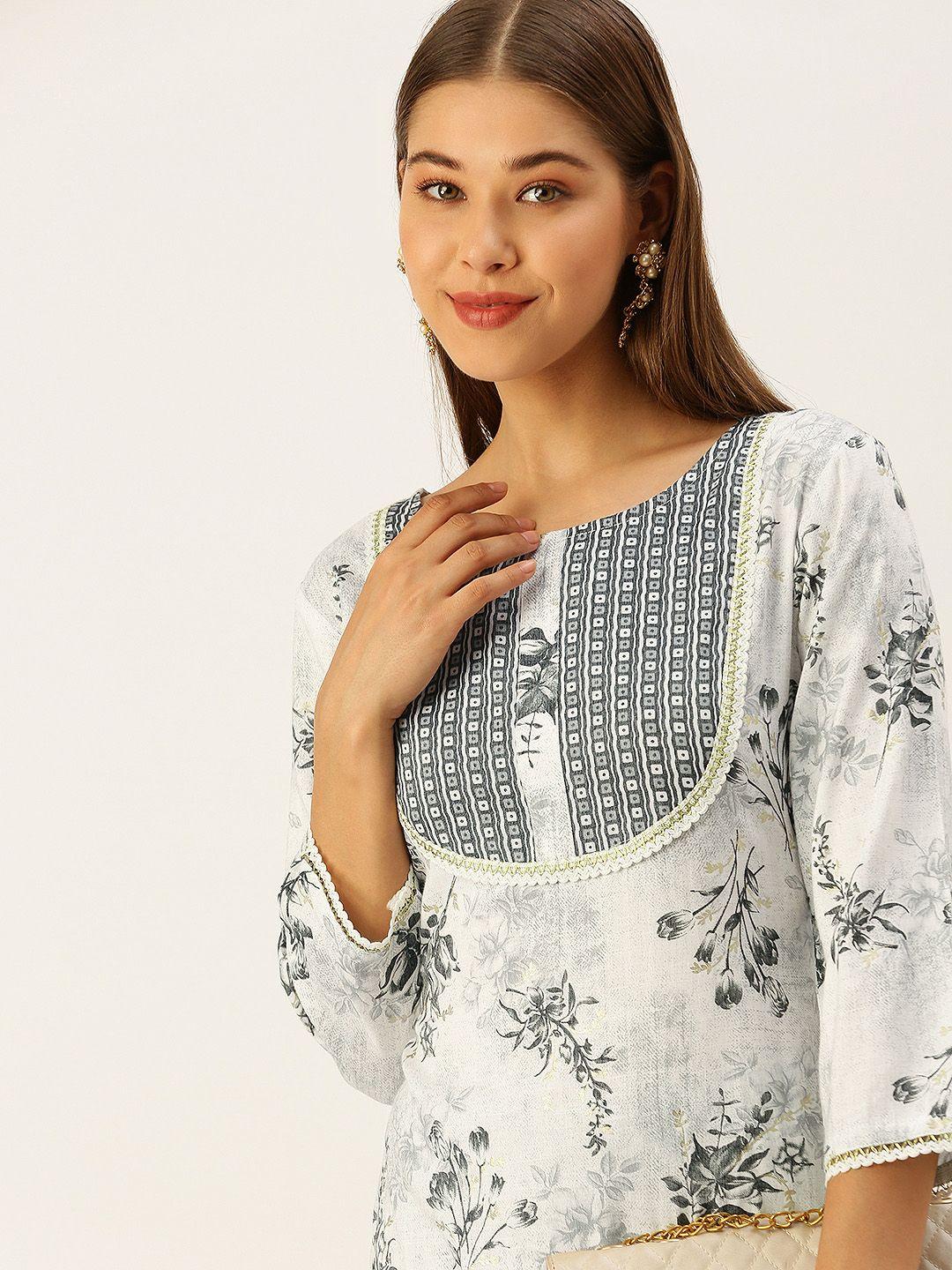 swagg india women grey & white floral foil print straight kurta with trousers