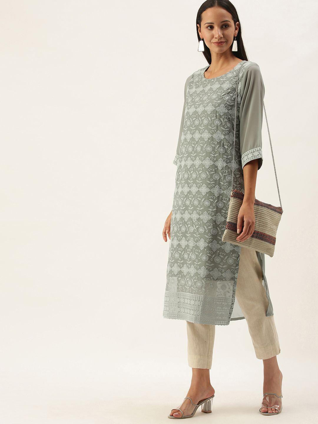 swagg india women grey embroidered chikankari georgette kurta