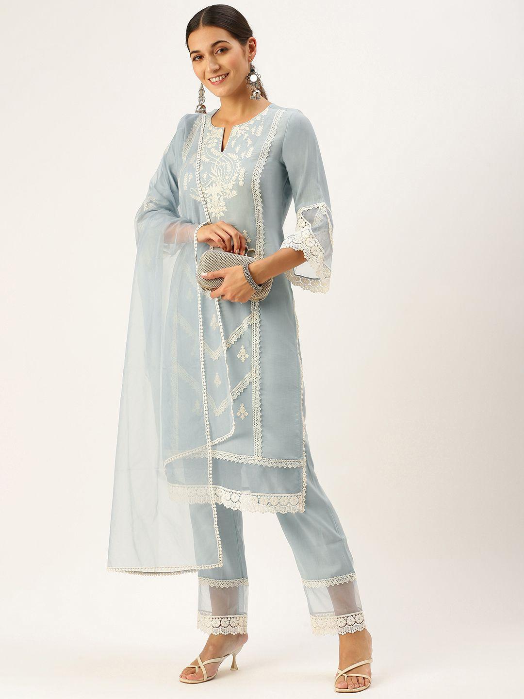swagg india women grey floral embroidered thread work chanderi silk kurta with trousers & with dupatta
