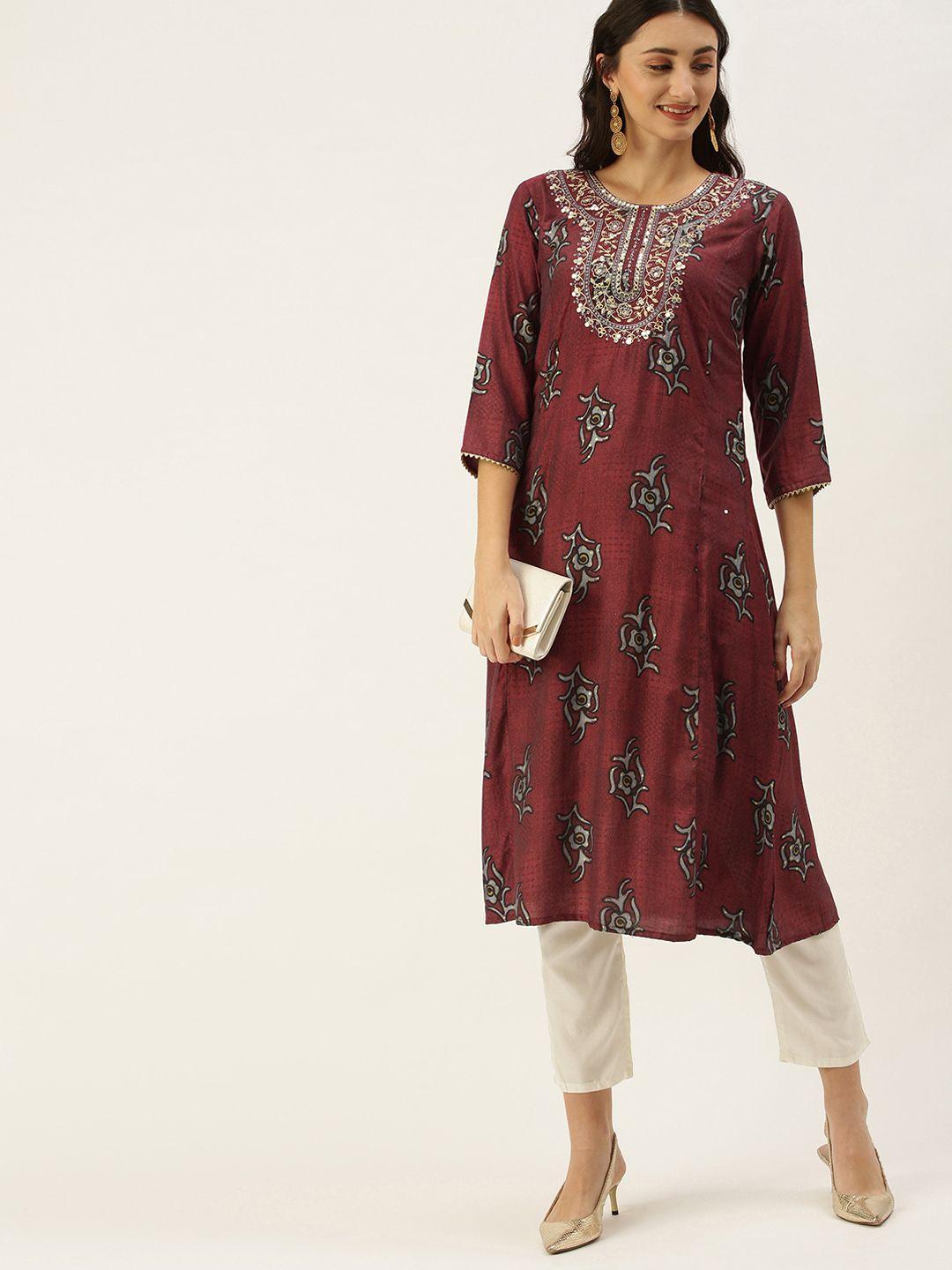swagg india women maroon ethnic motifs embroidered empire gotta patti kurta with trousers