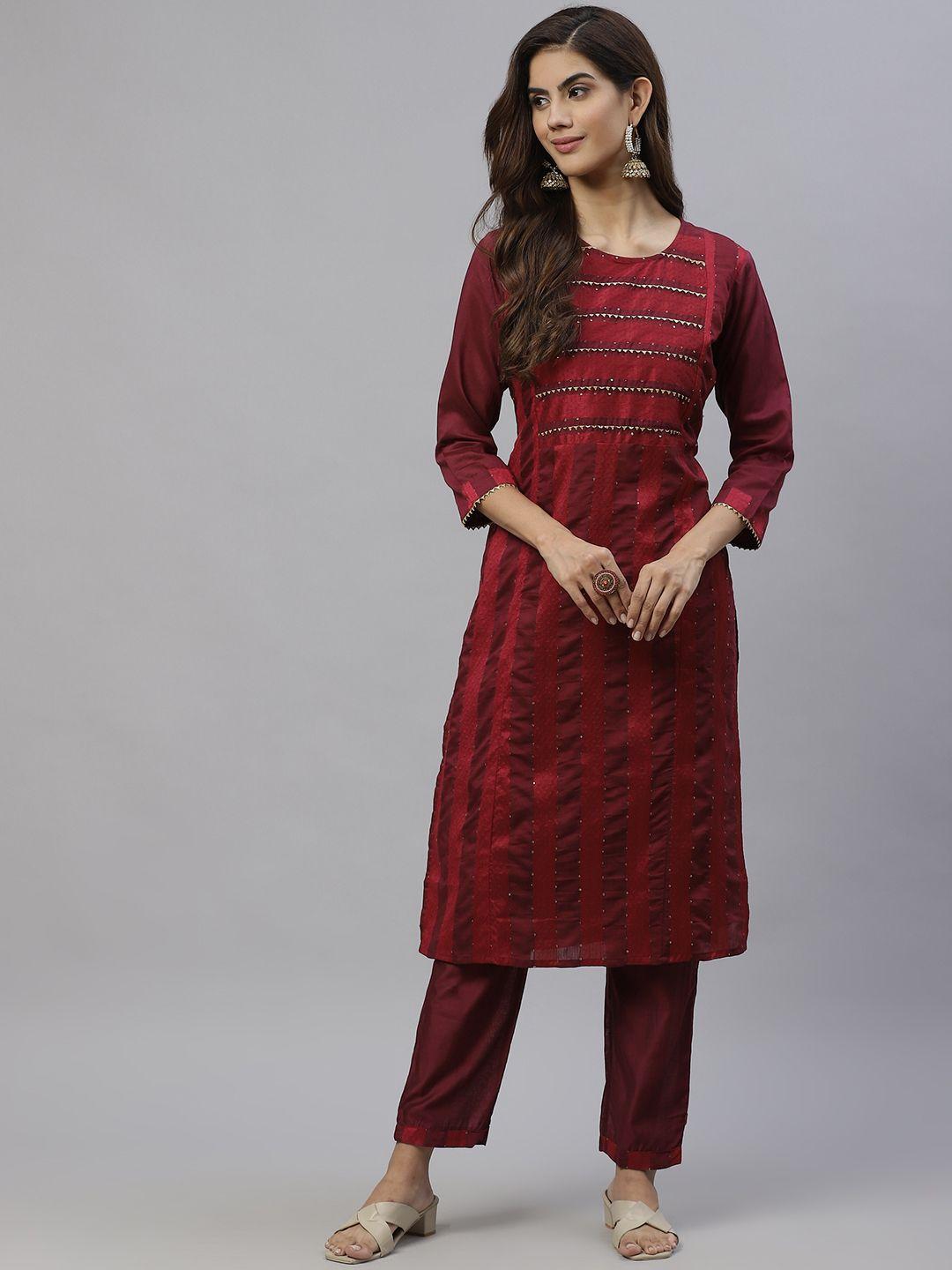 swagg india women maroon panelled gotta patti kurta with trousers