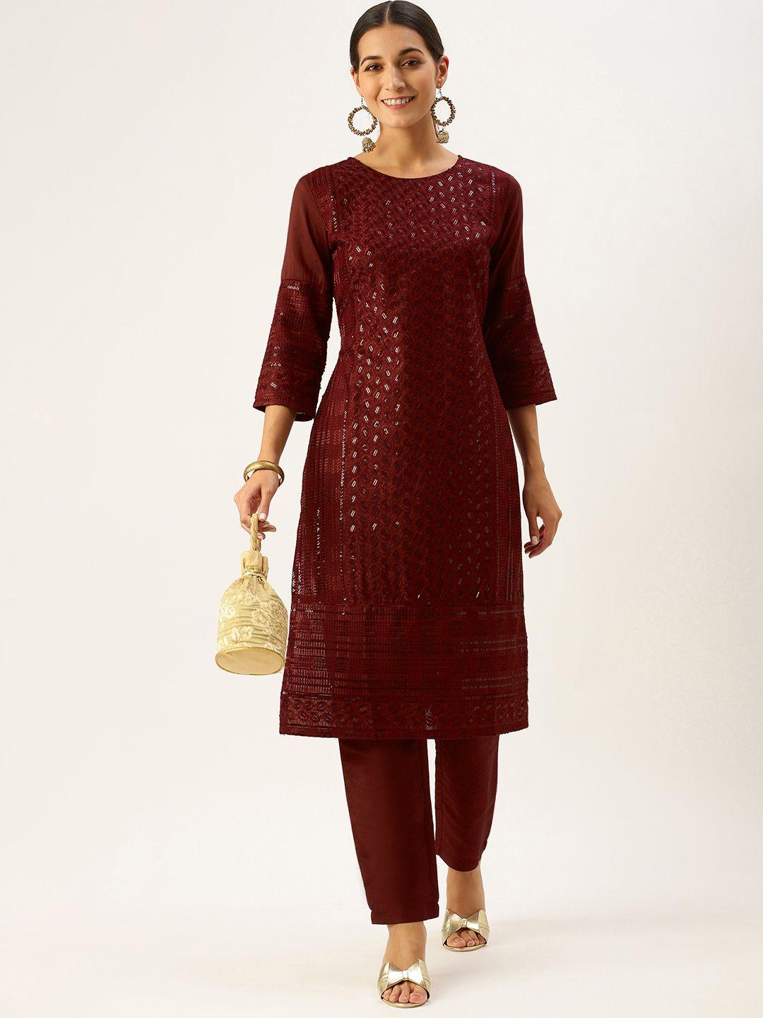 swagg india women maroon sequinned kurta with trousers