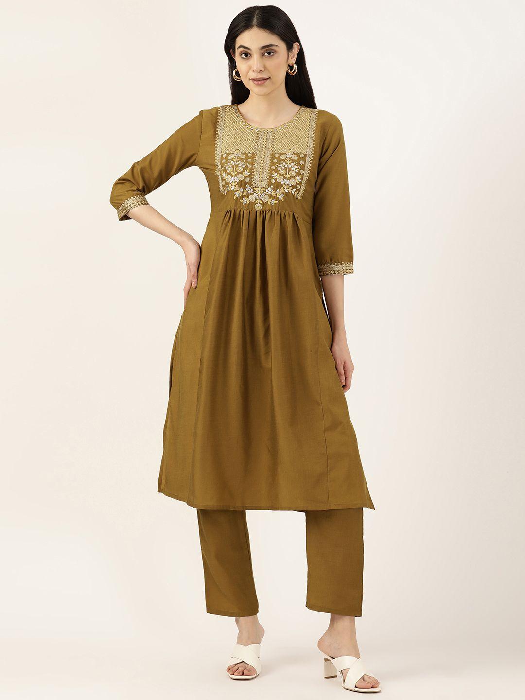 swagg india women mustard yellow ethnic motifs embroidered pleated kurta with trousers