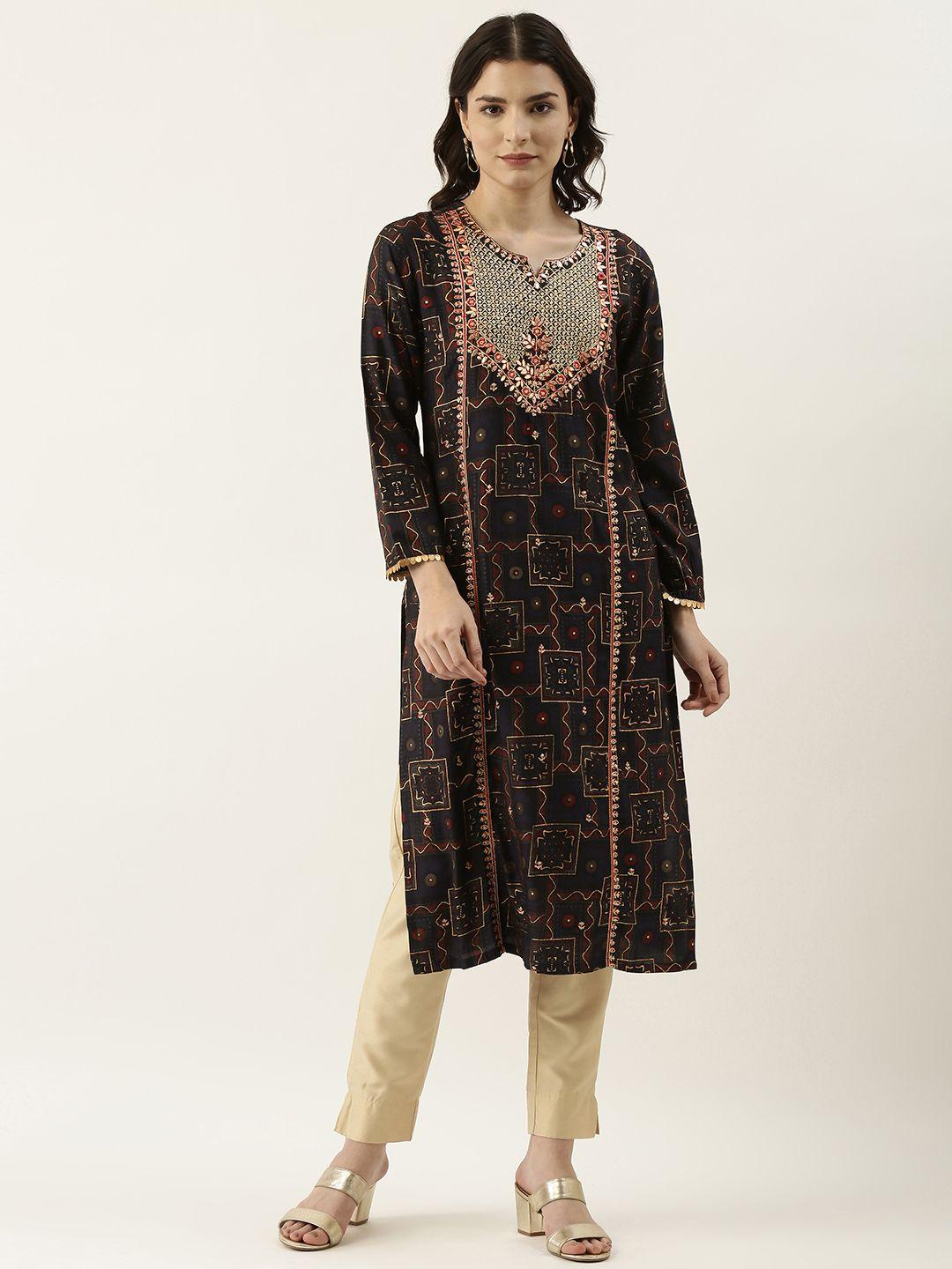 swagg india women navy blue & red embroidered gotta patti detail kurta