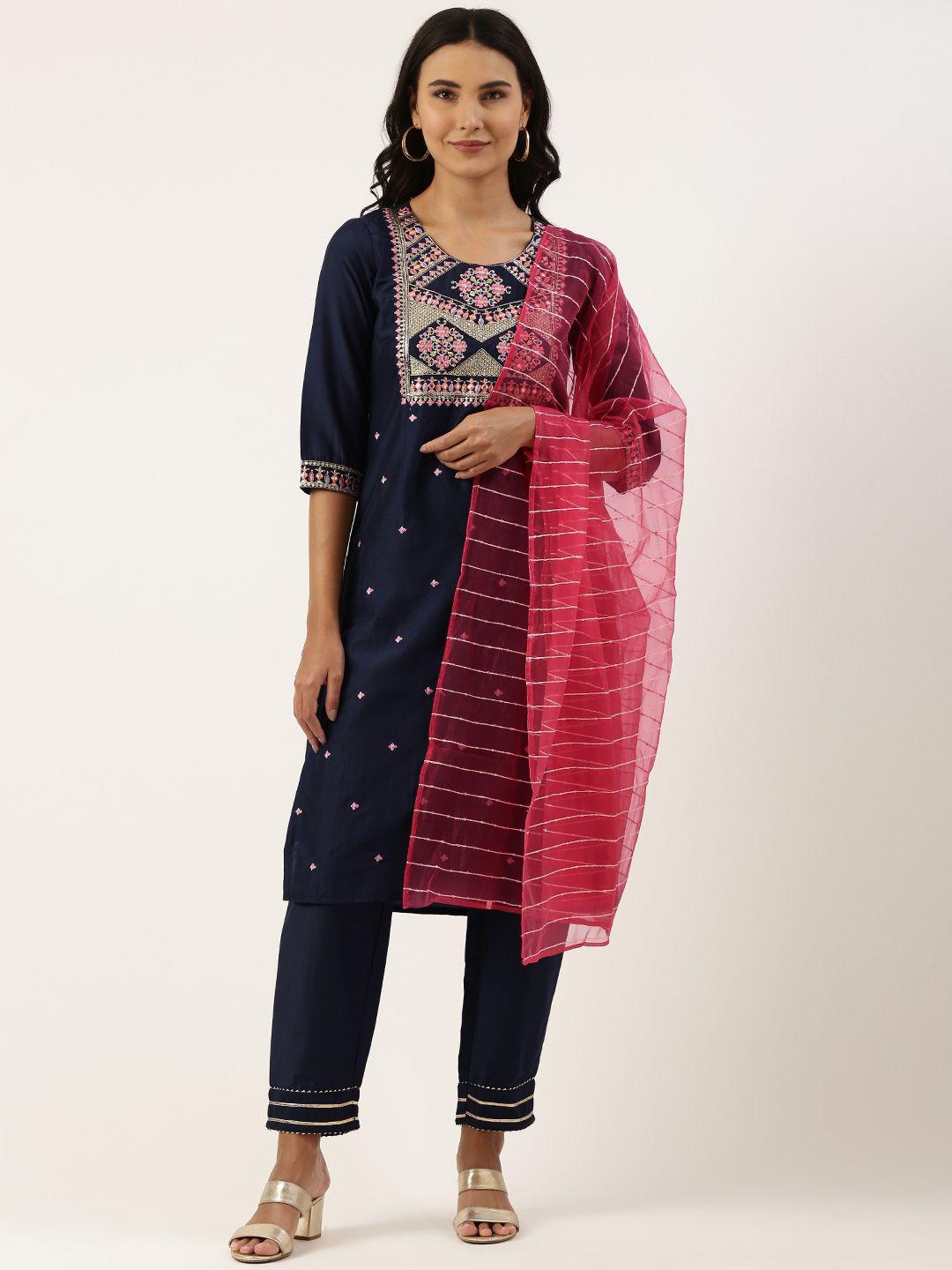 swagg india women navy blue chinon zari embroidered kurta with trousers & with dupatta