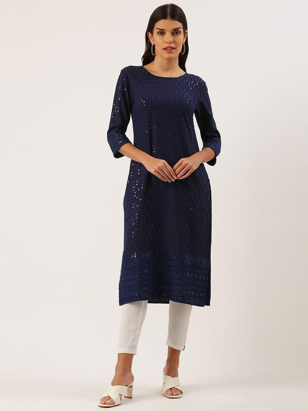 swagg india women navy blue ethnic motifs chikankari sequin embroidered kurta