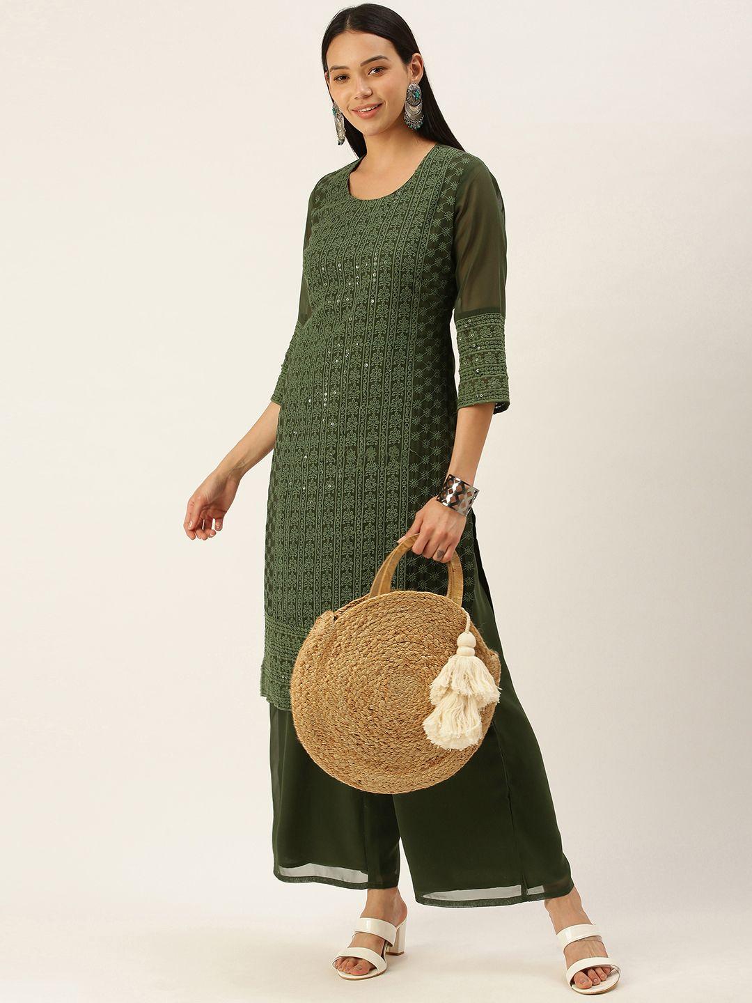 swagg india women olive green ethnic motifs chikankari embroidered kurta with palazzos