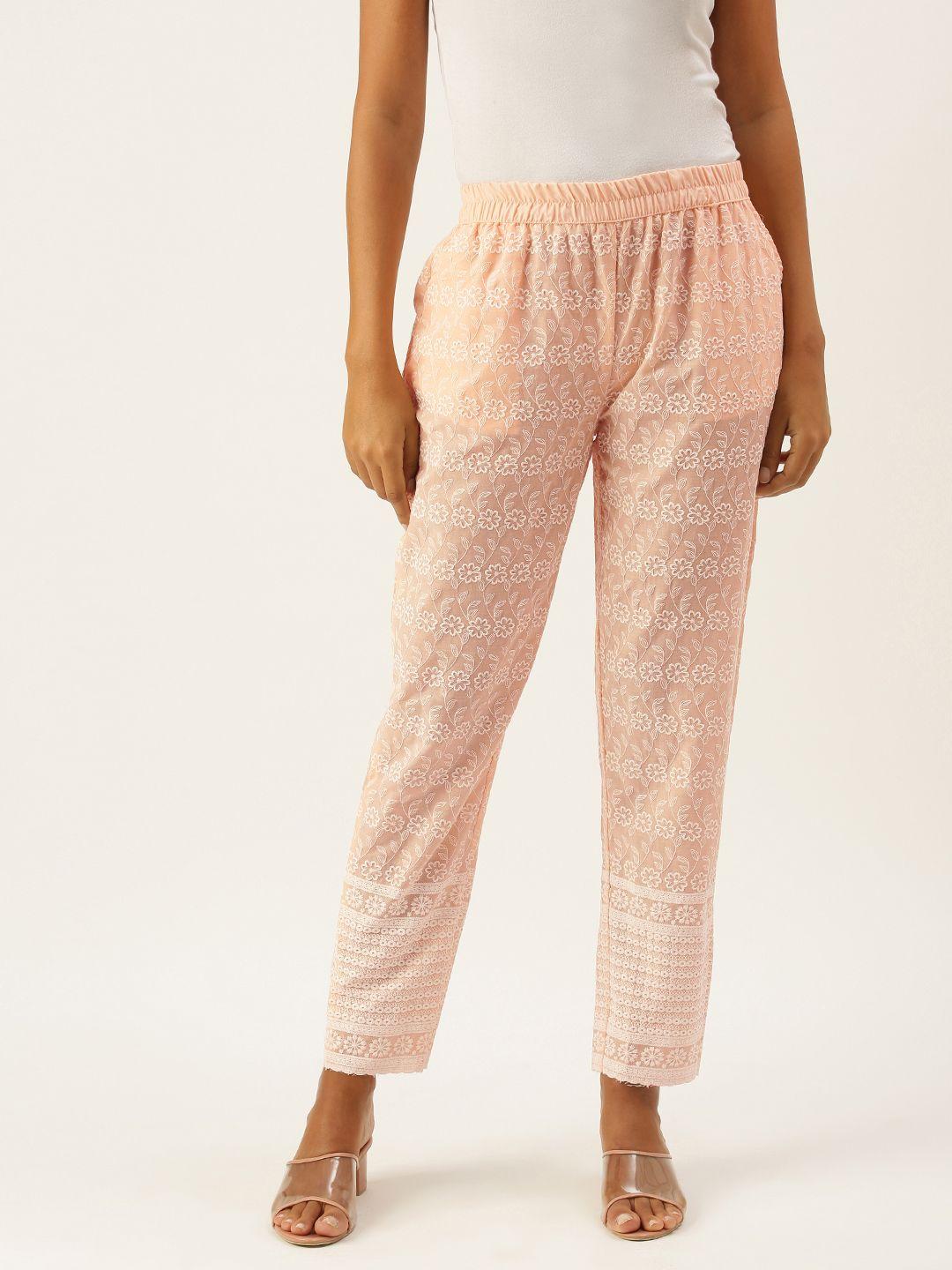 swagg india women peach-coloured ethnic motifs embroidered pleated trousers