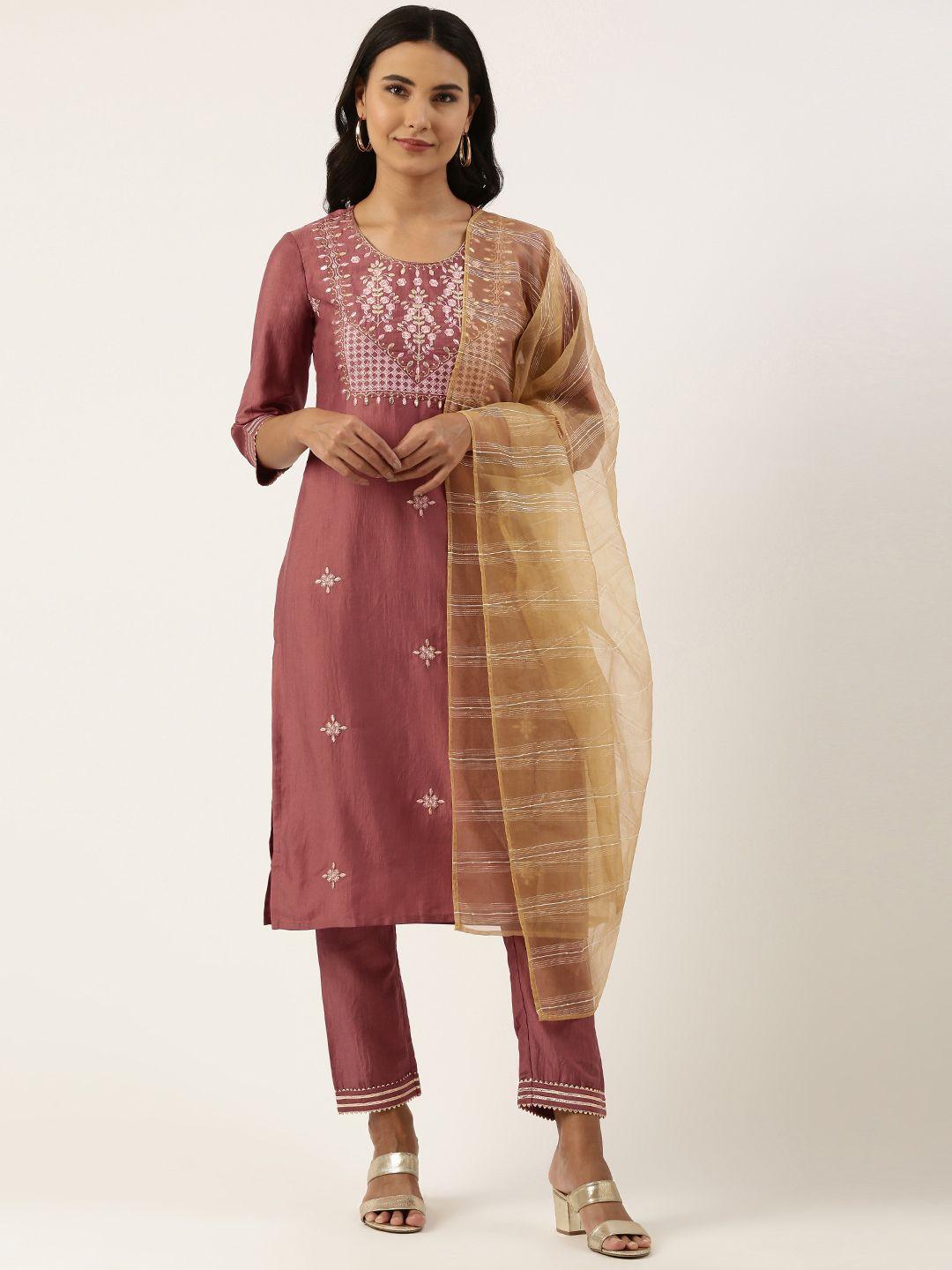 swagg india women pink chinon zari embroidered kurta with trousers & with dupatta
