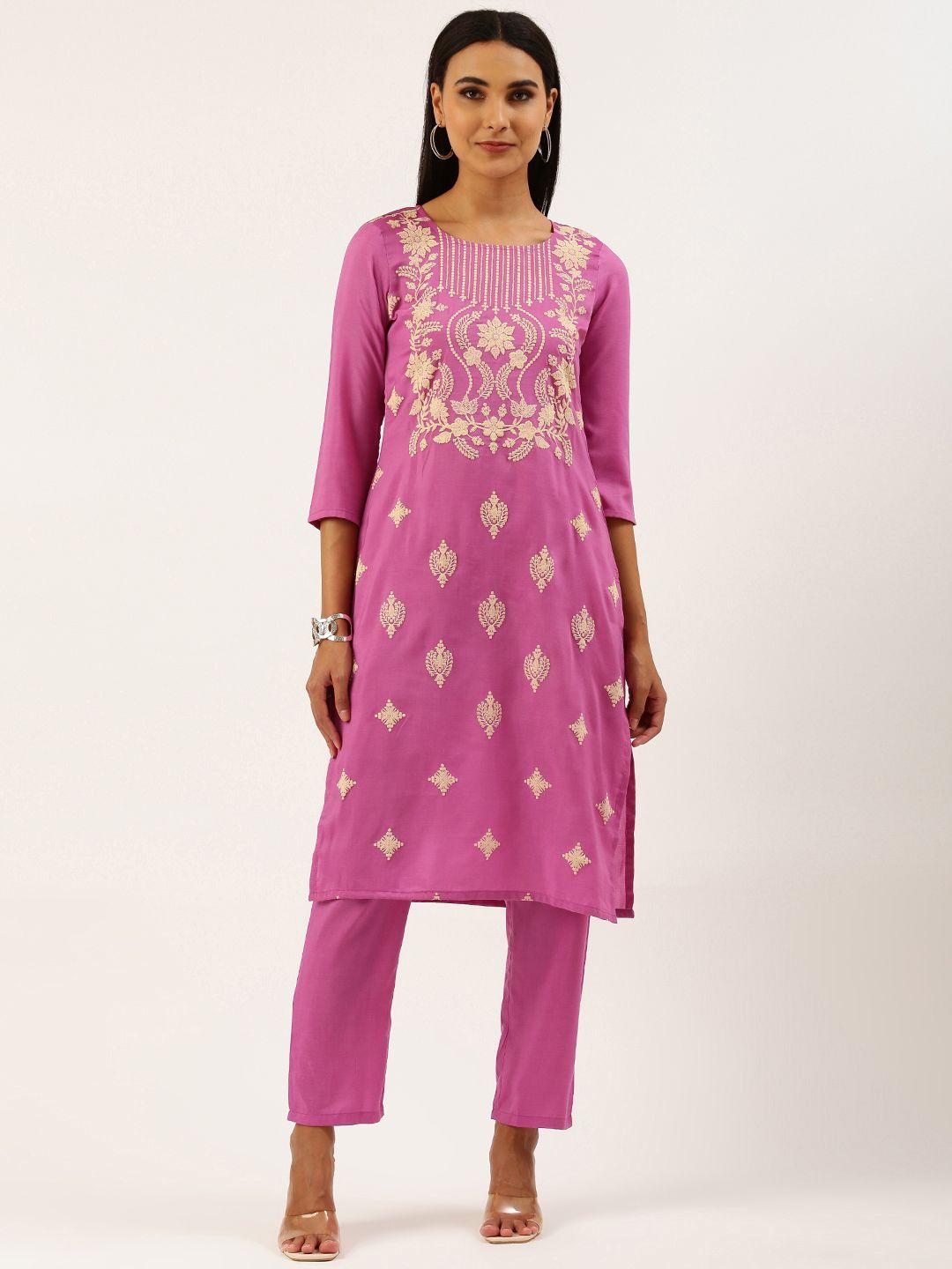 swagg india women pink ethnic motifs embroidered thread work kurta with trousers