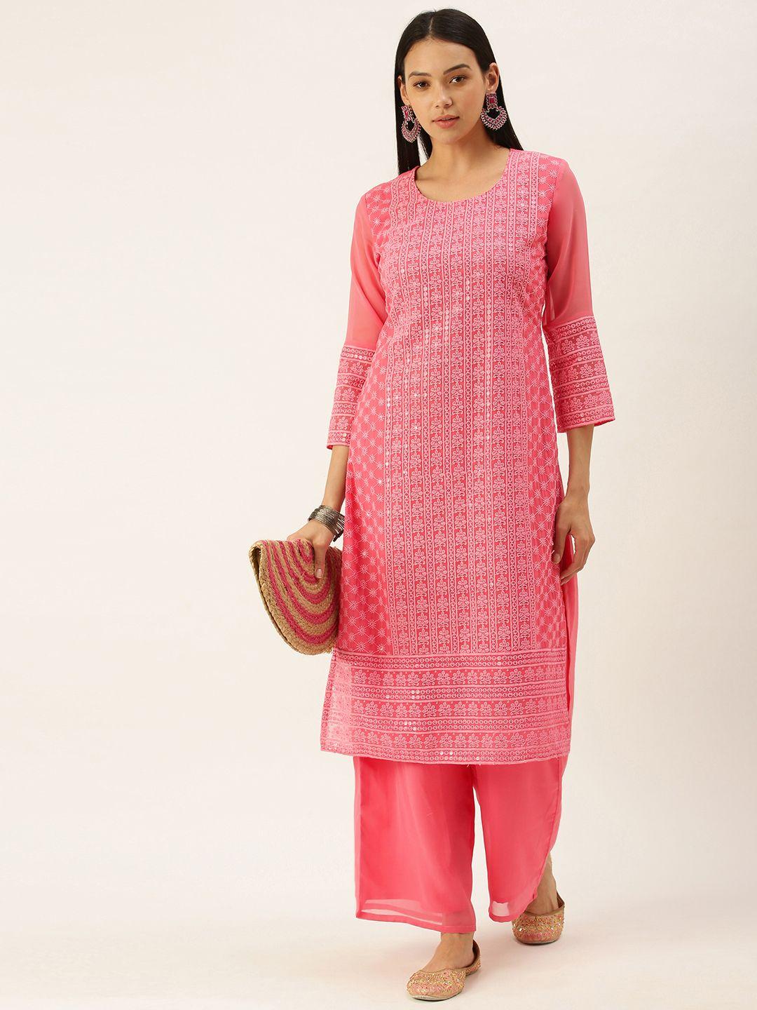 swagg india women pink ethnic motifs sequinned chikankari  kurta with palazzos