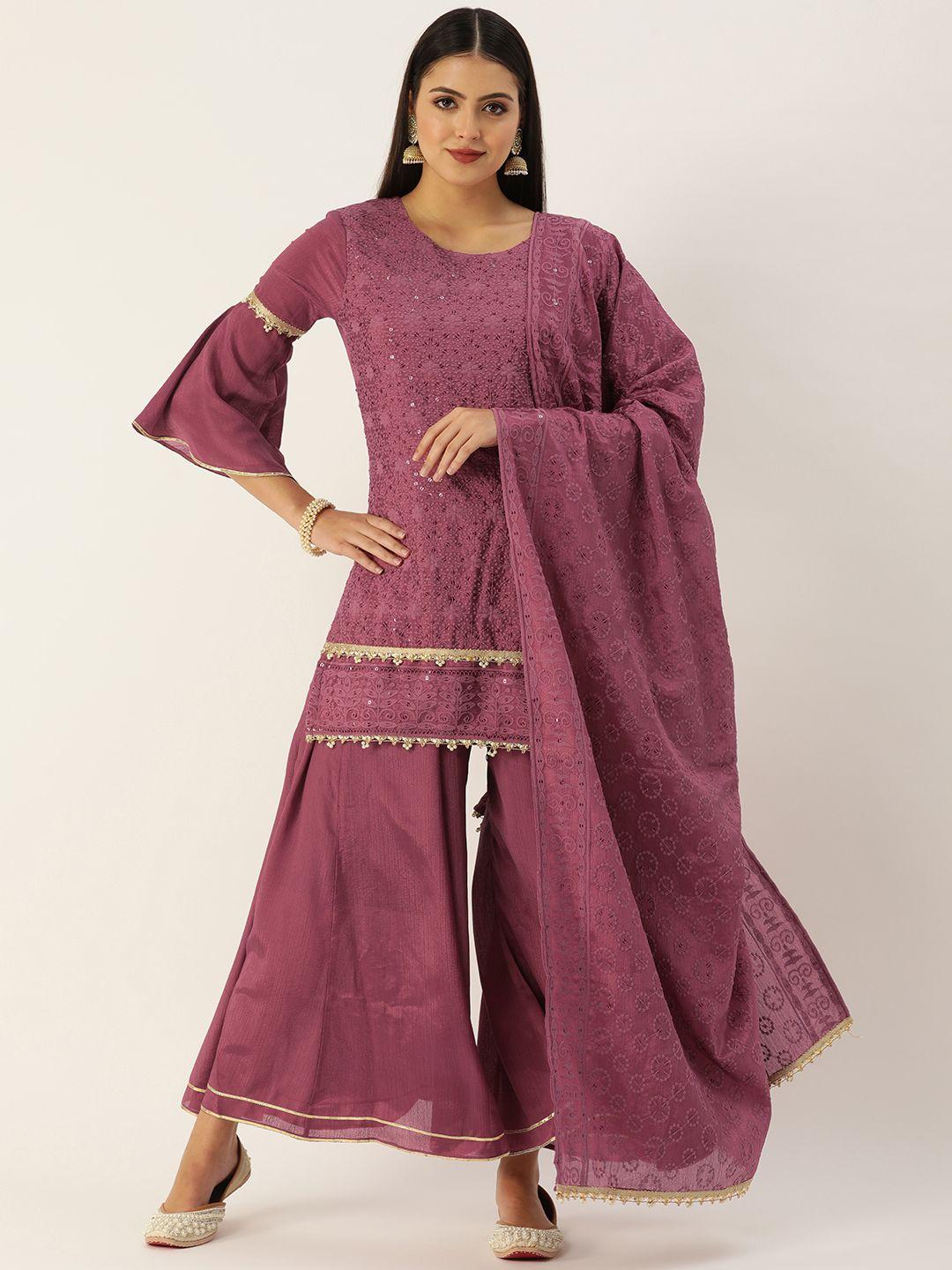 swagg india women purple ethnic motifs embroidered chikankari kurta with sharara & with dupatta