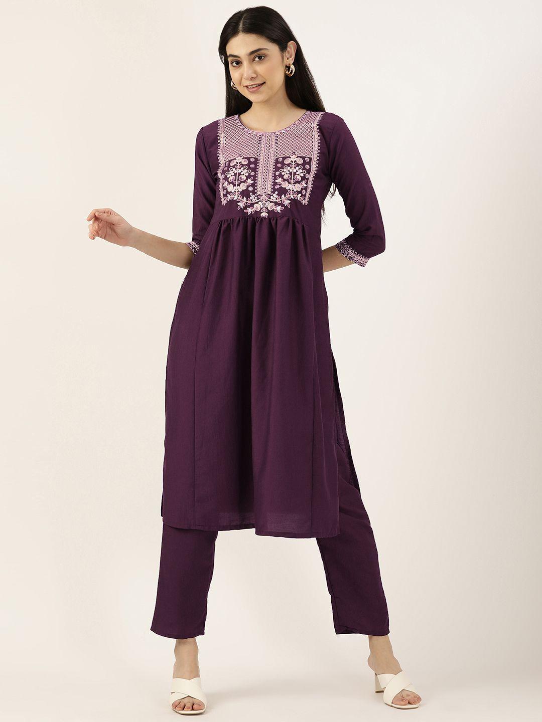 swagg india women purple ethnic motifs embroidered pleated kurta with trousers