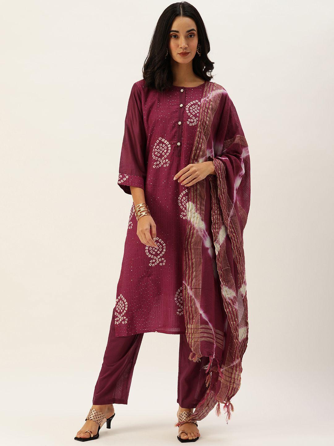 swagg india women purple ethnic motifs printed sequinned liva kurta with trousers & with dupatta