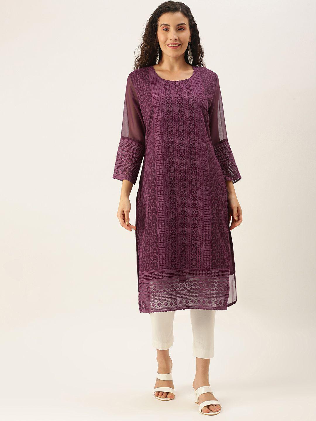 swagg india women purple floral embroidered chikankari georgette kurta