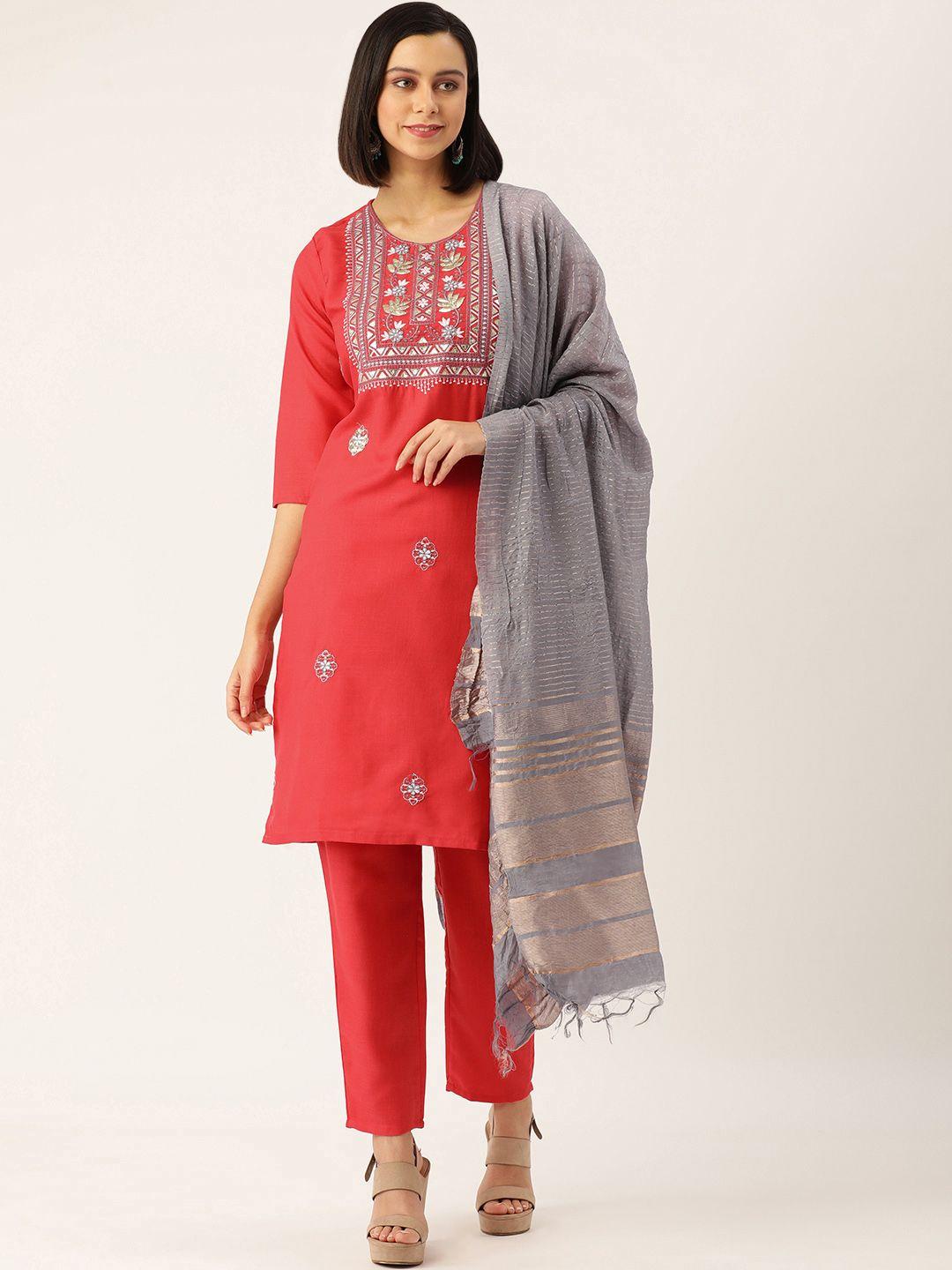 swagg india women red & grey ethnic motifs embroidered kurta with trousers & with dupatta