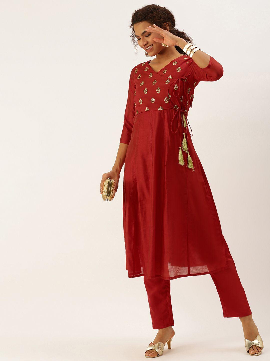swagg india women red ethnic motifs embroidered angrakha chanderi silk kurta with trousers