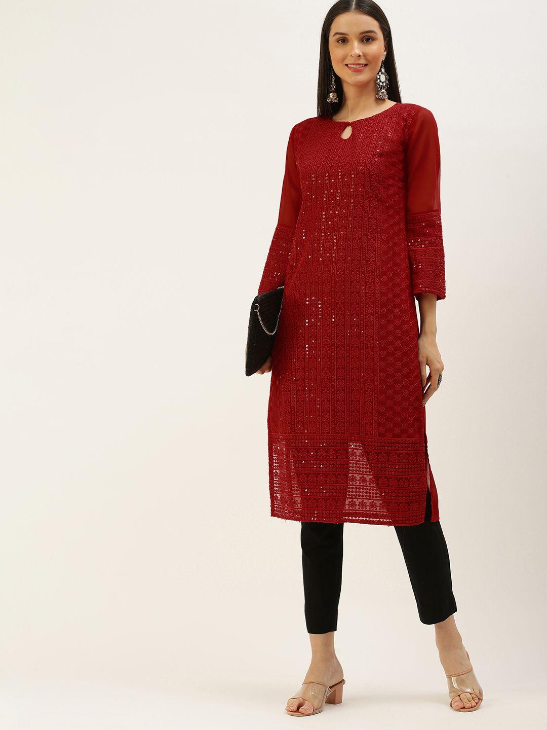 swagg india women red ethnic motifs embroidered keyhole neck chikankari georgette kurta