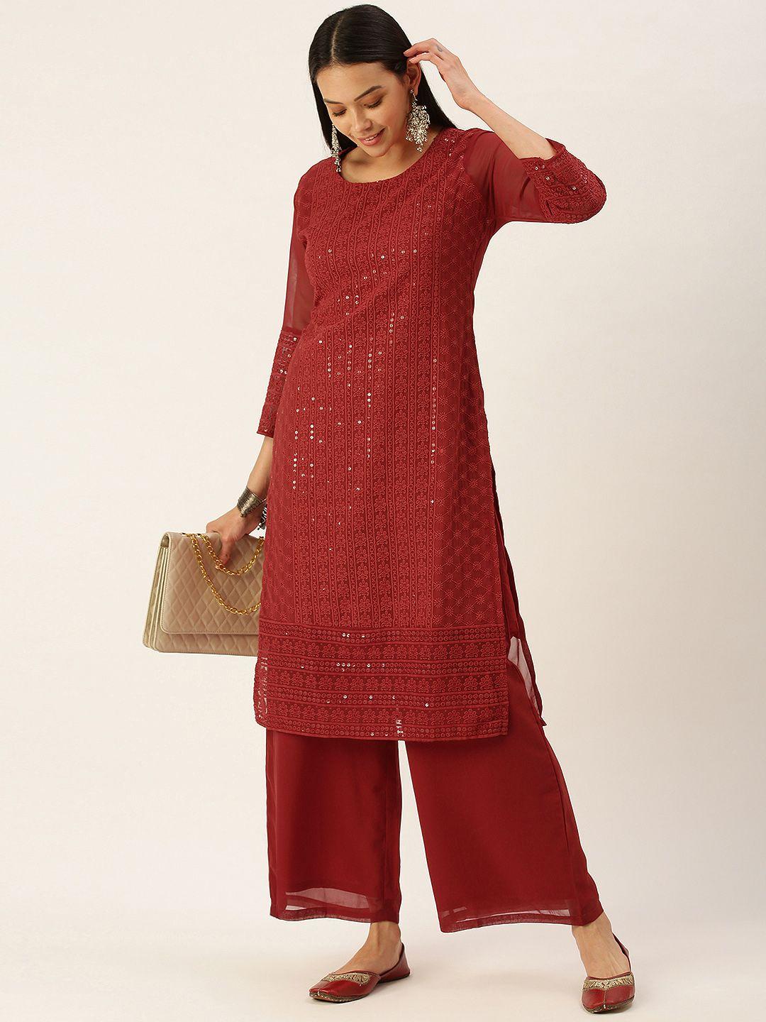 swagg india women red ethnic motifs sequinned chikankari  kurta with palazzos