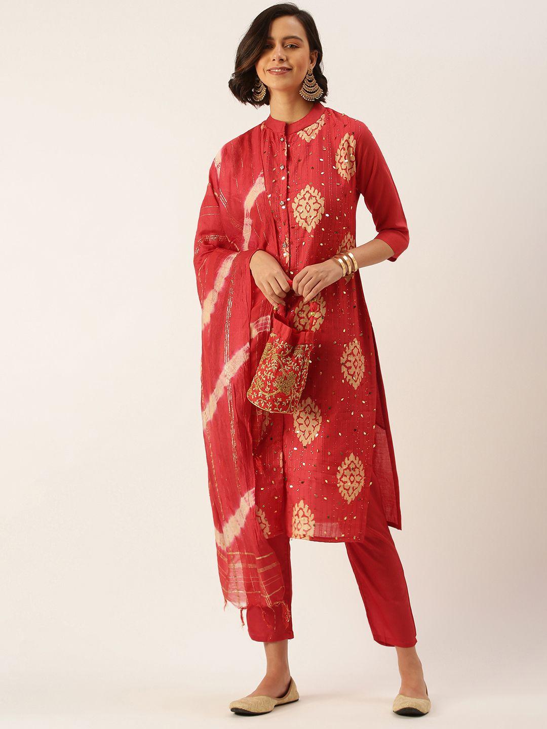 swagg india women red handblock print sequinned liva kurta with trousers & dupatta