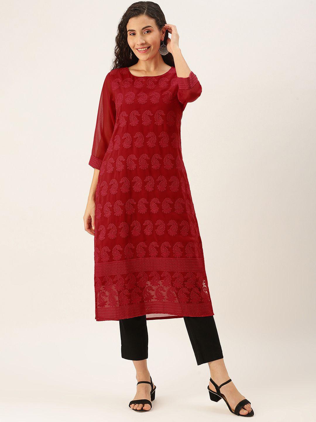 swagg india women red paisley embroidered chikankari kurta