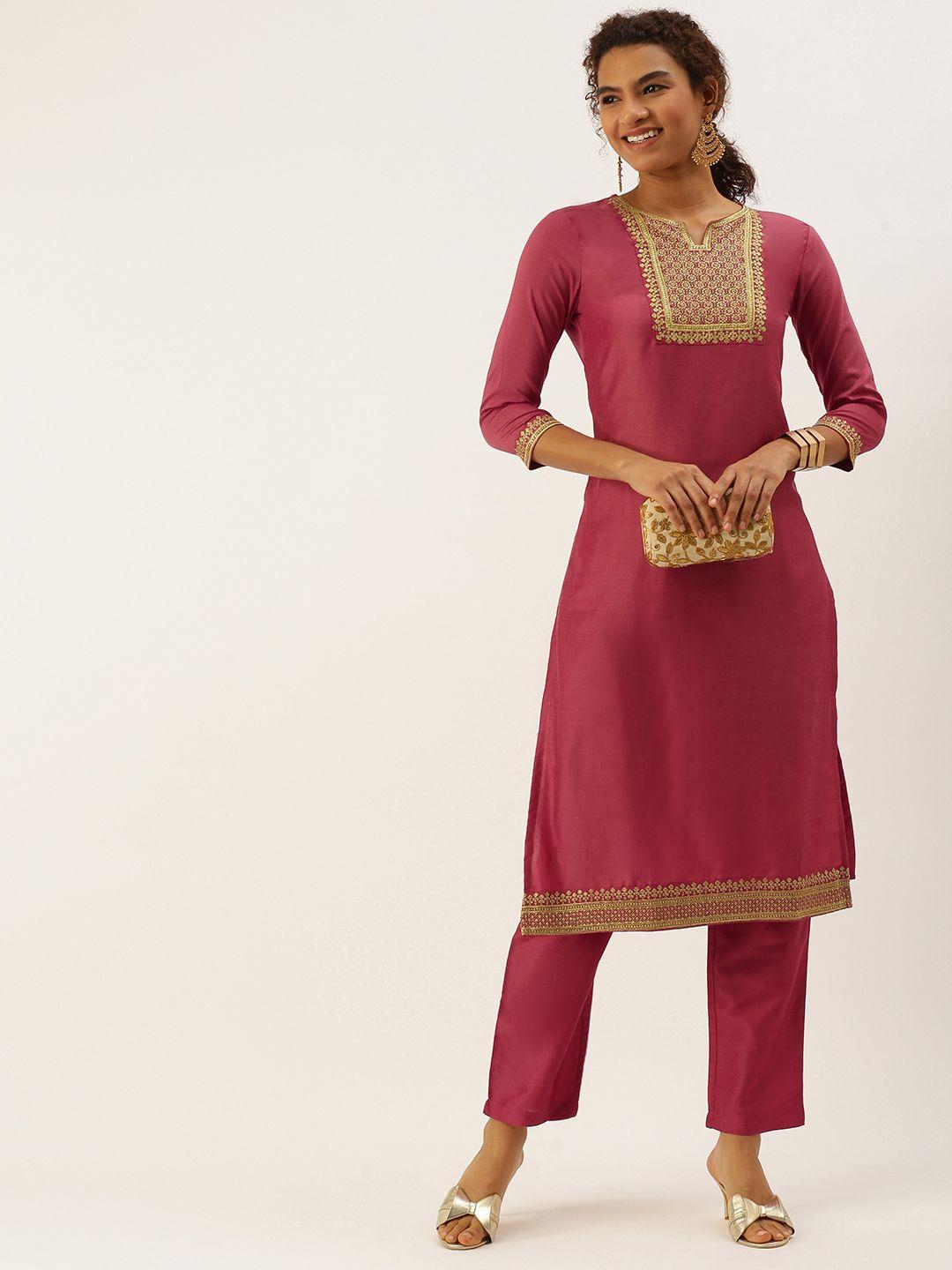 swagg india women rose ethnic motifs embroidered kurta with trousers
