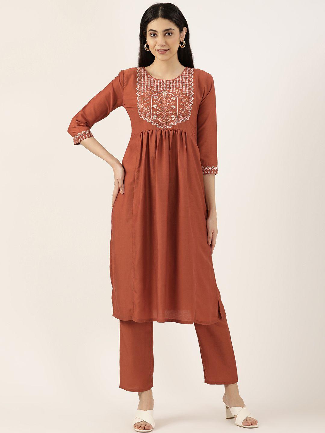 swagg india women rust ethnic motifs embroidered pleated kurta with trousers
