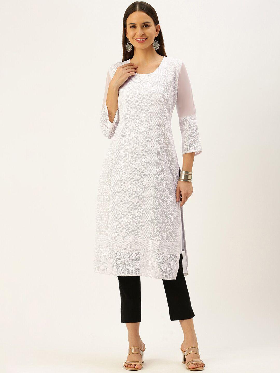 swagg india women white chikankari embroidered thread work kurta