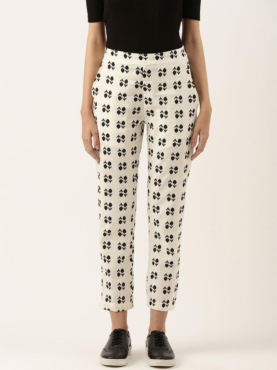 swagg india women white ethnic motifs printed relaxed straight leg trousers