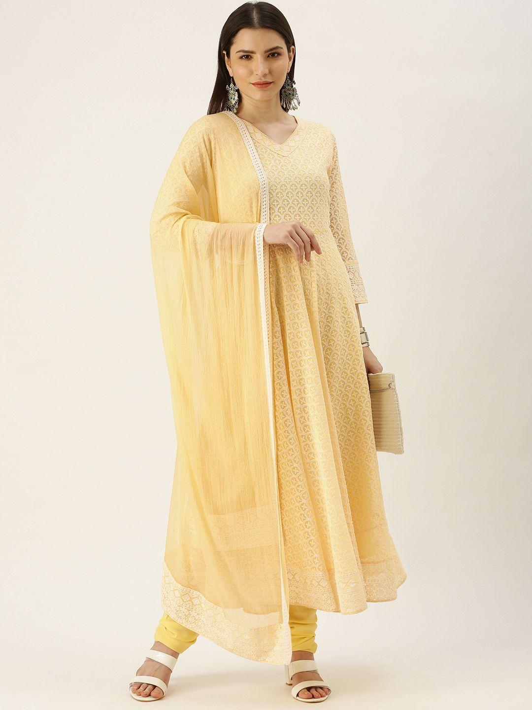 swagg india women yellow ethnic motifs chikankari kurta with churidar & dupatta