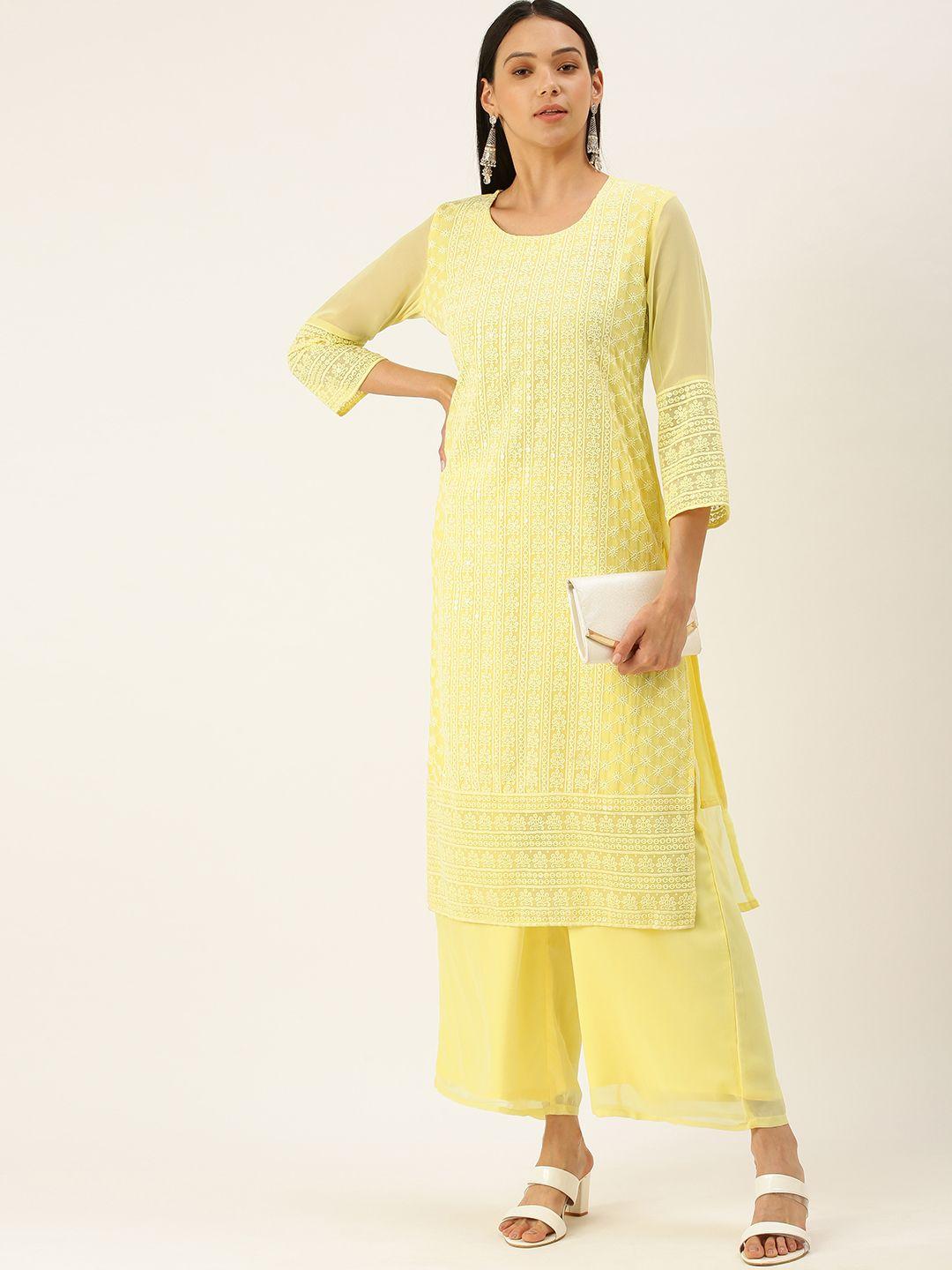 swagg india women yellow ethnic motifs chikankari sequinned kurta with palazzos