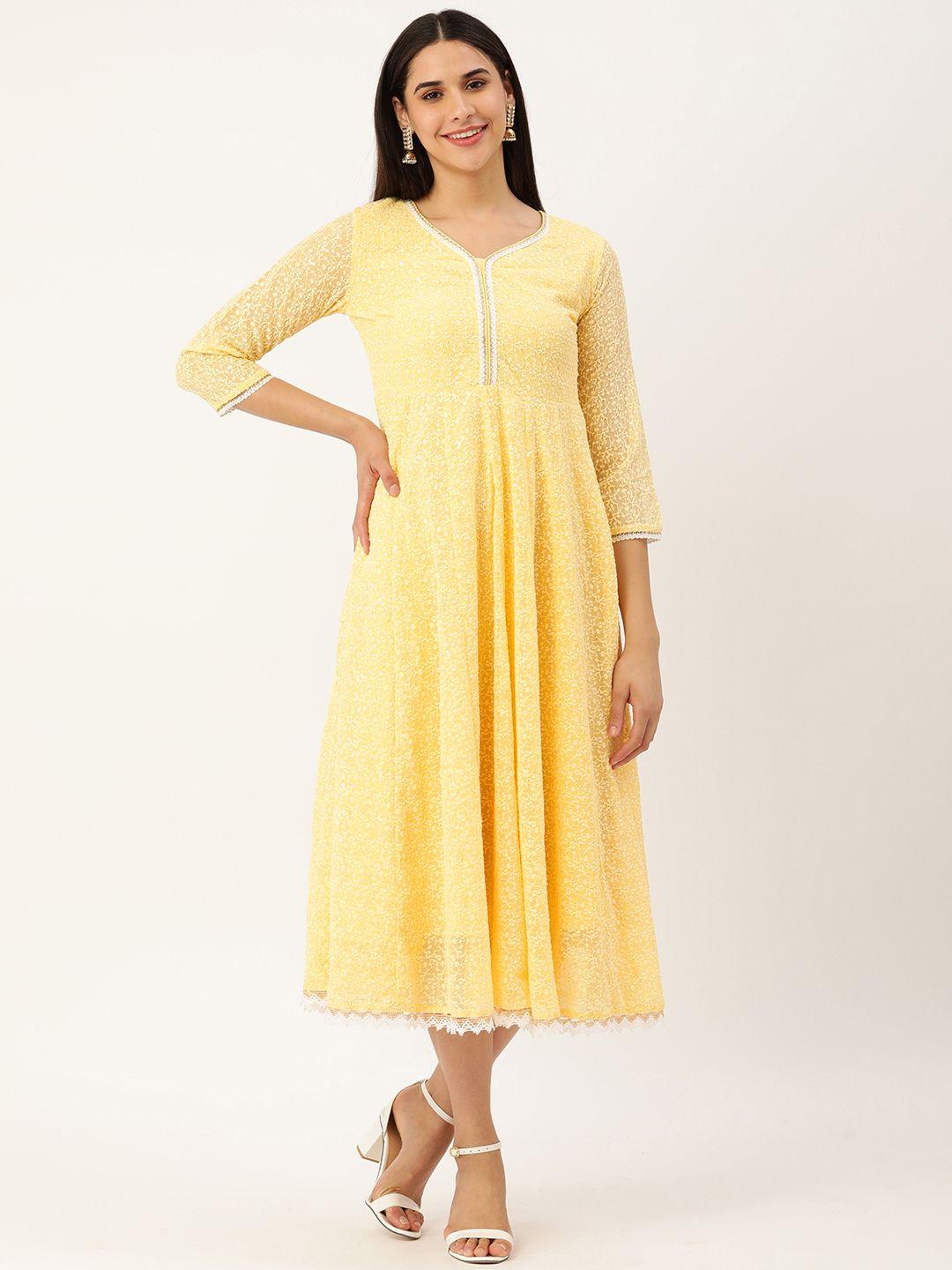 swagg india yellow & white chikankari georgette ethnic a-line midi dress