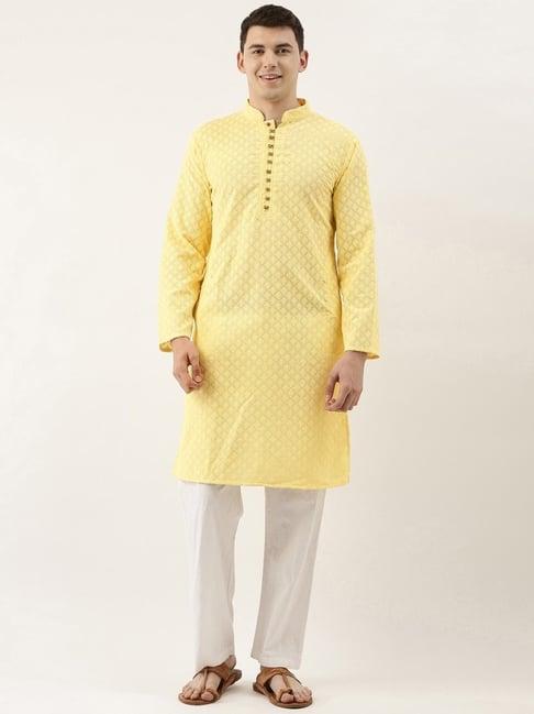 swagg india yellow cotton regular fit embroidered kurta