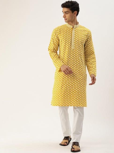swagg india yellow cotton regular fit embroidered kurta