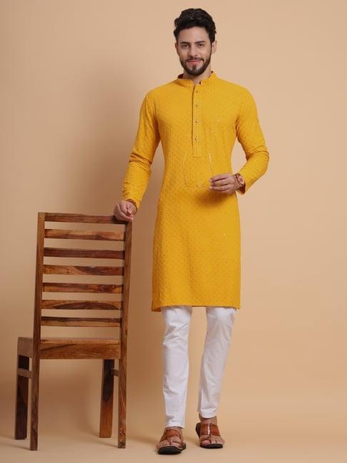 swagg india yellow regular fit embroidered kurta