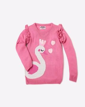 swan print pullover with ruffled trims