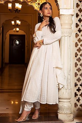 swan white georgette chikankari anarkali set