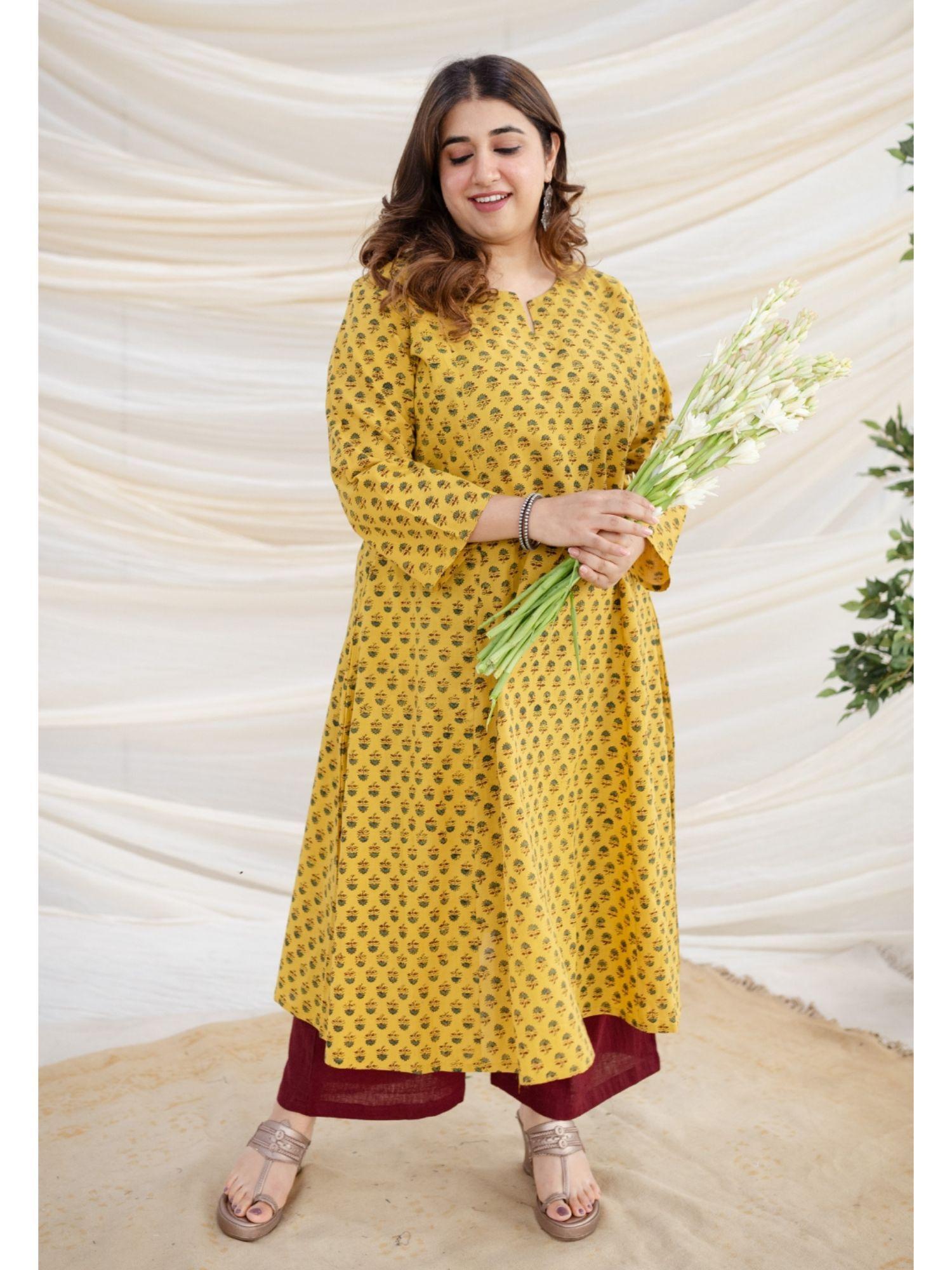 swara yellow ajrakh kali cotton kurta