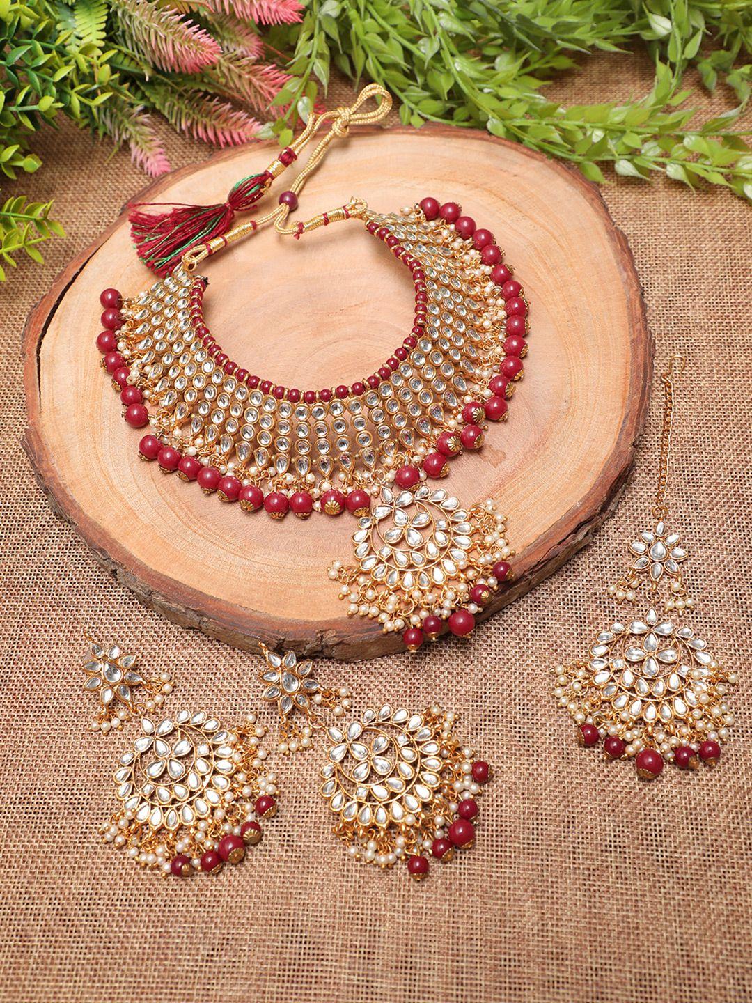 swarajshop gold-plated & white kundan-studded & beaded jewellery set