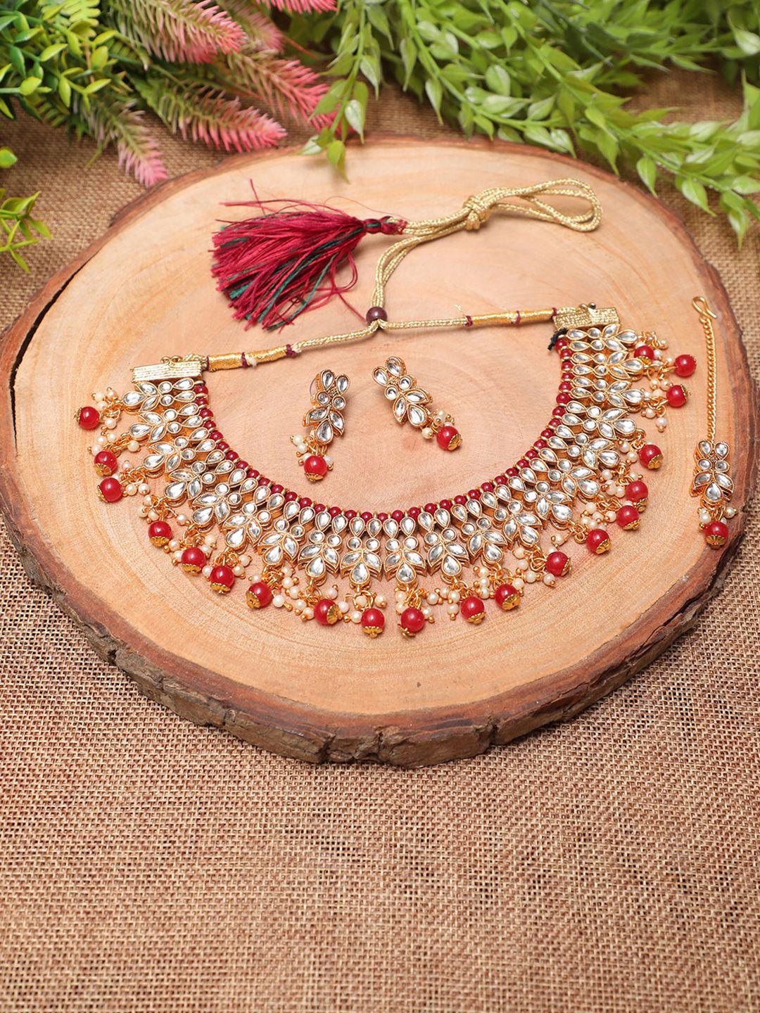 swarajshop gold-plated maroon & white kundan-studded & beaded handcrafted jewellery set