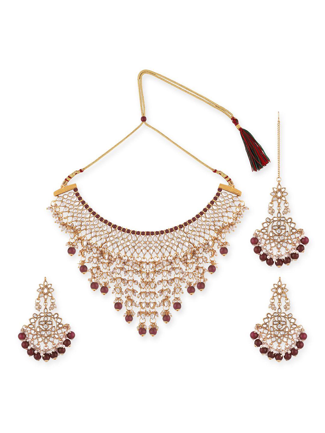 swarajshop gold-plated maroon & white kundan studded & beaded jewellery set