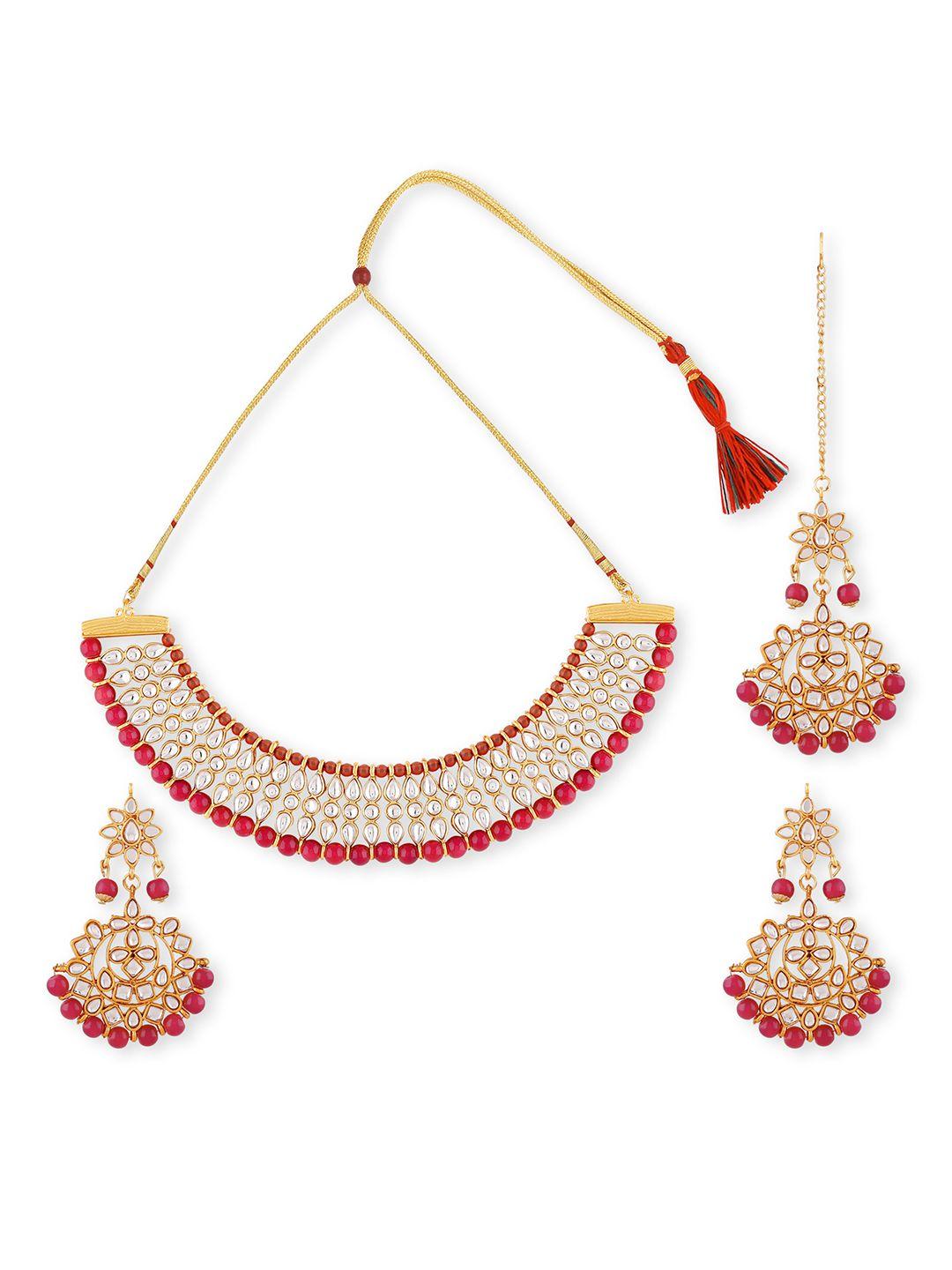 swarajshop gold-plated maroon & white kundan-studded jewellery set