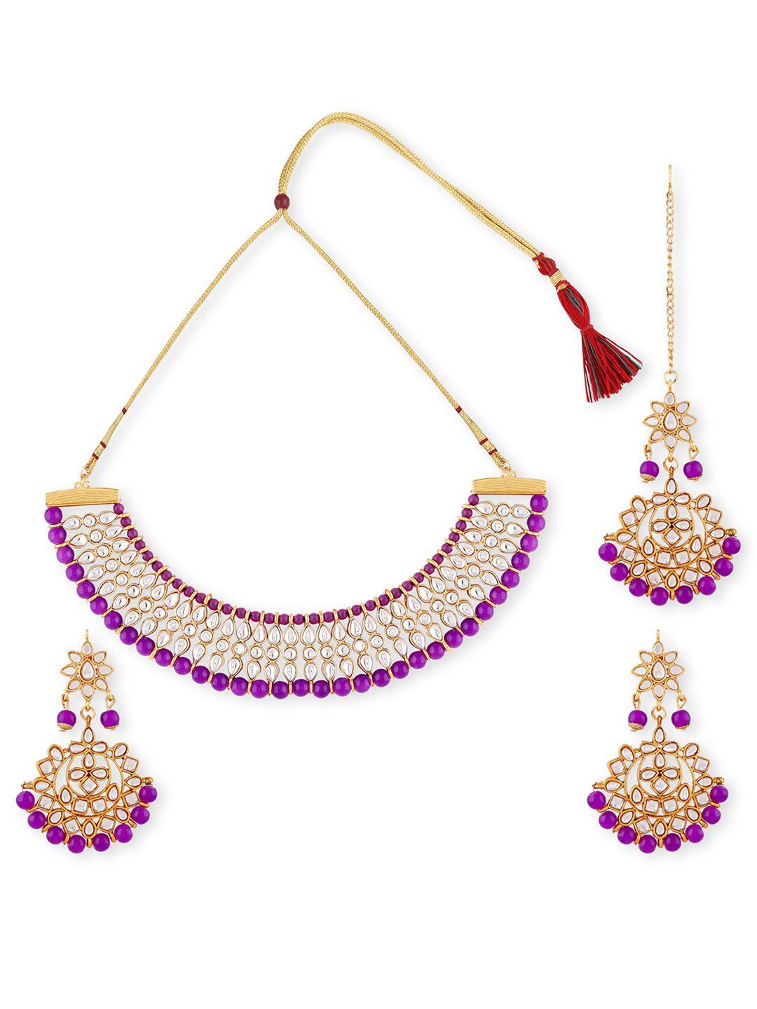 swarajshop gold-plated purple & white stone-studded & beaded jewellery set