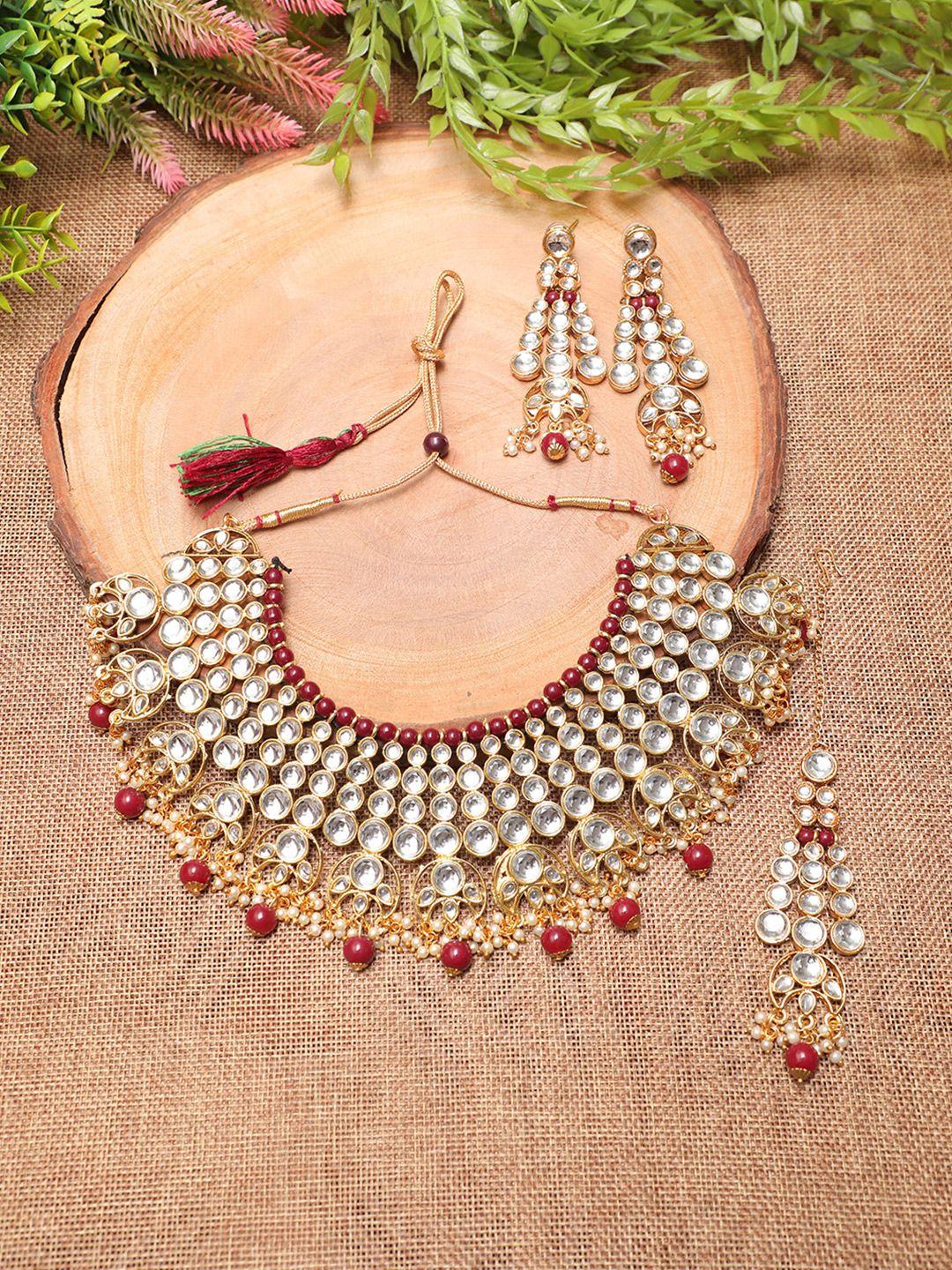 swarajshop maroon & gold-plated stone studded & beaded jewellery set