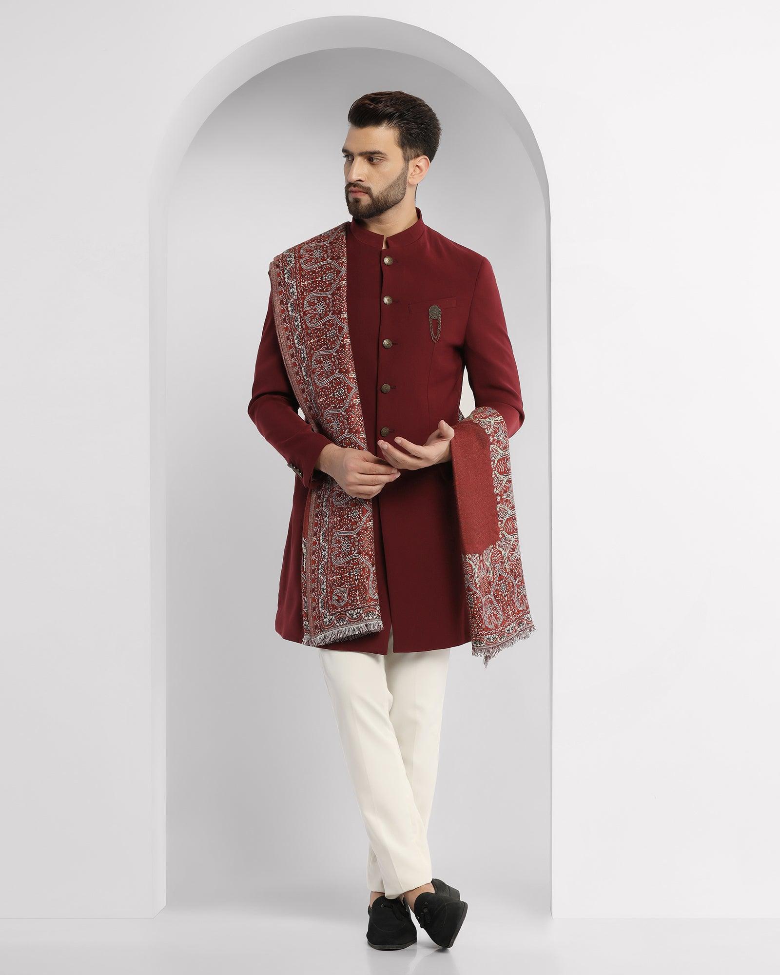 swarn two piece wine textured achkan set - tren